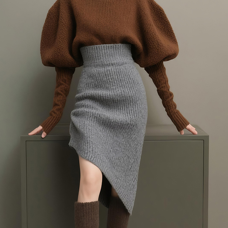 外贸撤回套装女秋冬高级感姐系气质咖色圆领针织上衣半身裙两件套