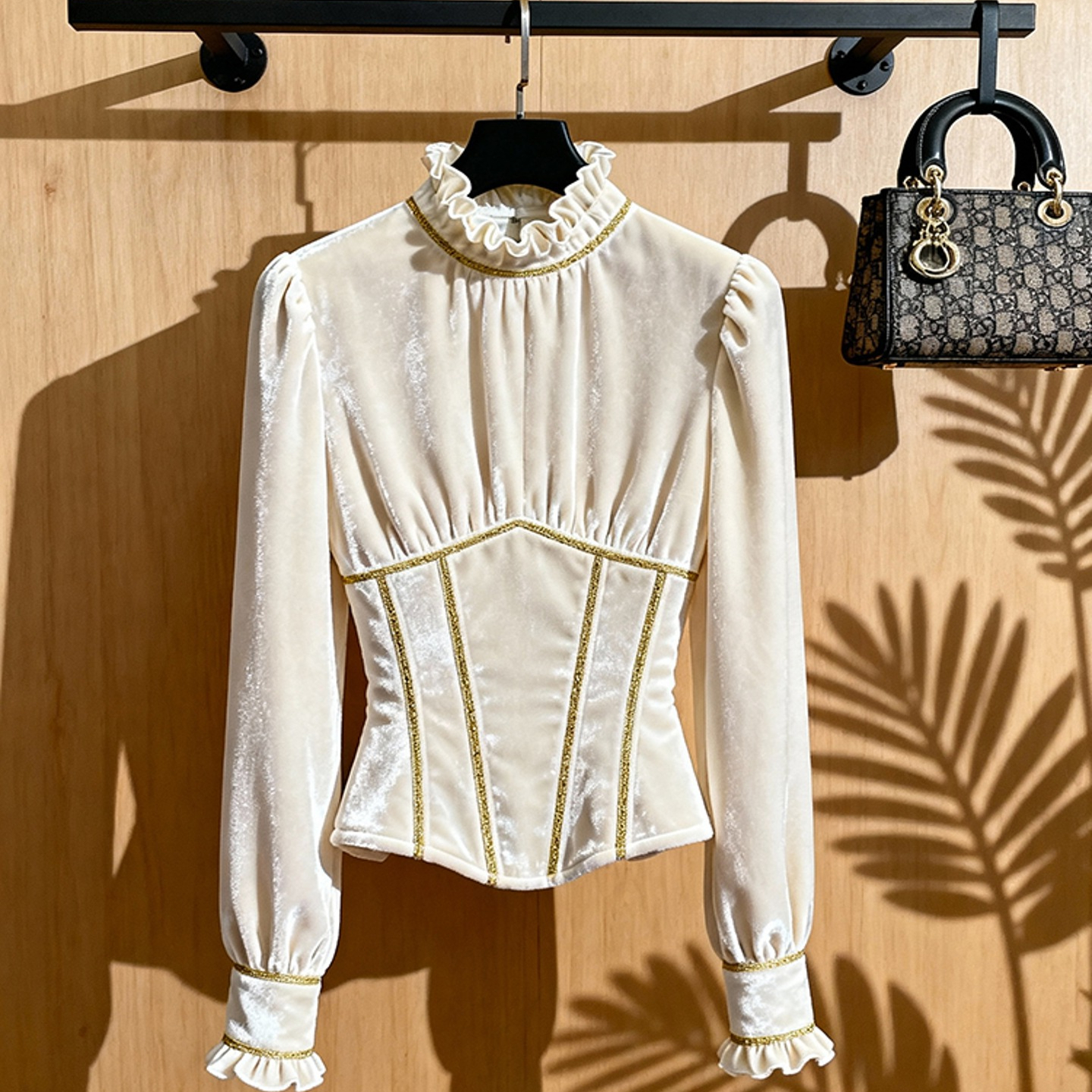 外贸撤回白色丝绒衬衫女秋冬高级感轻奢别致漂亮掐腰法式小资上衣