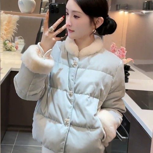 外贸撤回新中式国风蓝色棉服外套女冬季年轻款独特超好看保暖棉袄