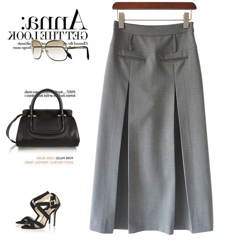 半身裙长裙灰色拼接压褶高腰