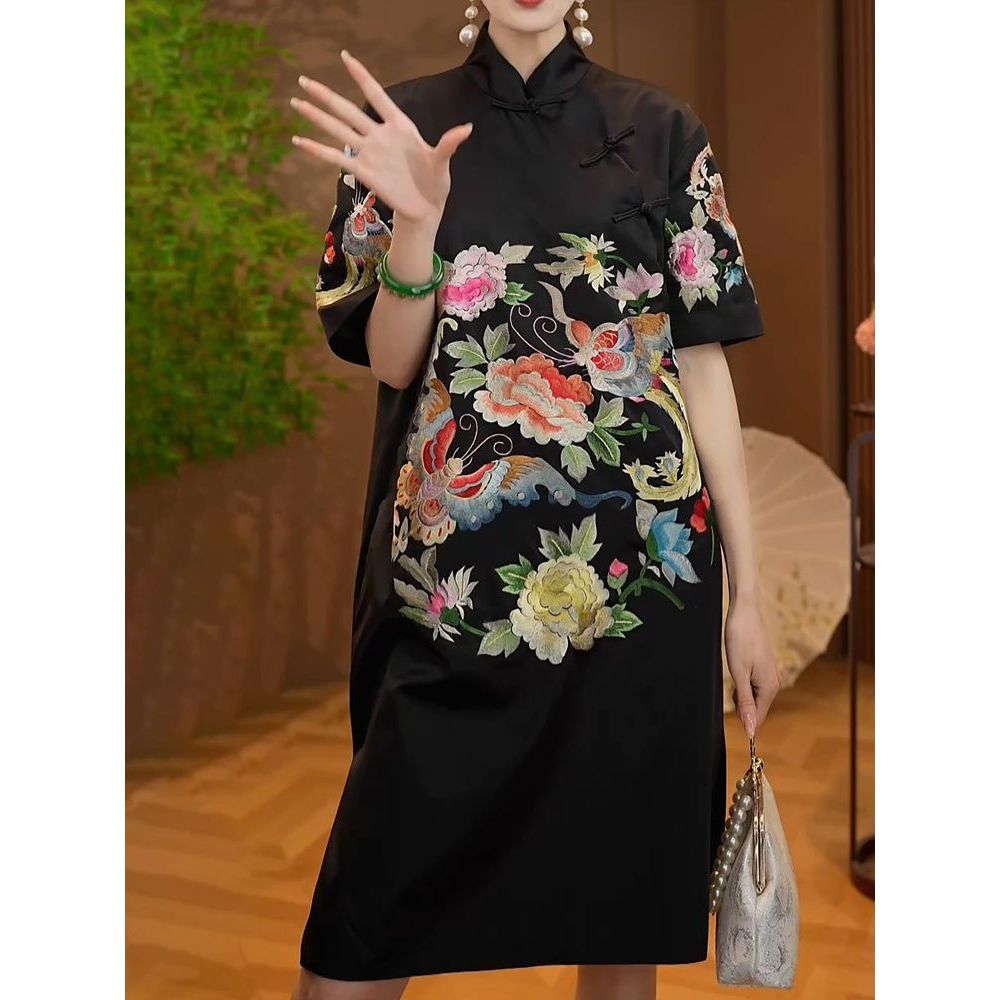 新中式国风短袖刺绣连衣裙女夏2025新款改良旗袍裙显瘦衬衫中长裙