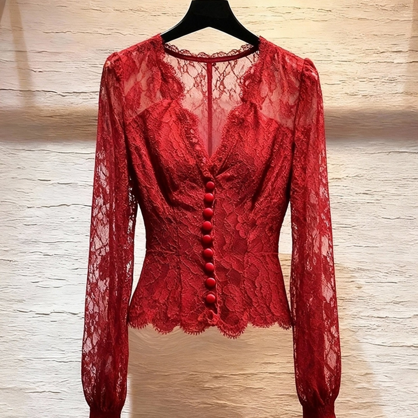 外贸撤回新年圣诞巨好看红色蕾丝上衣爆款轻奢高级感收腰内搭衬衫