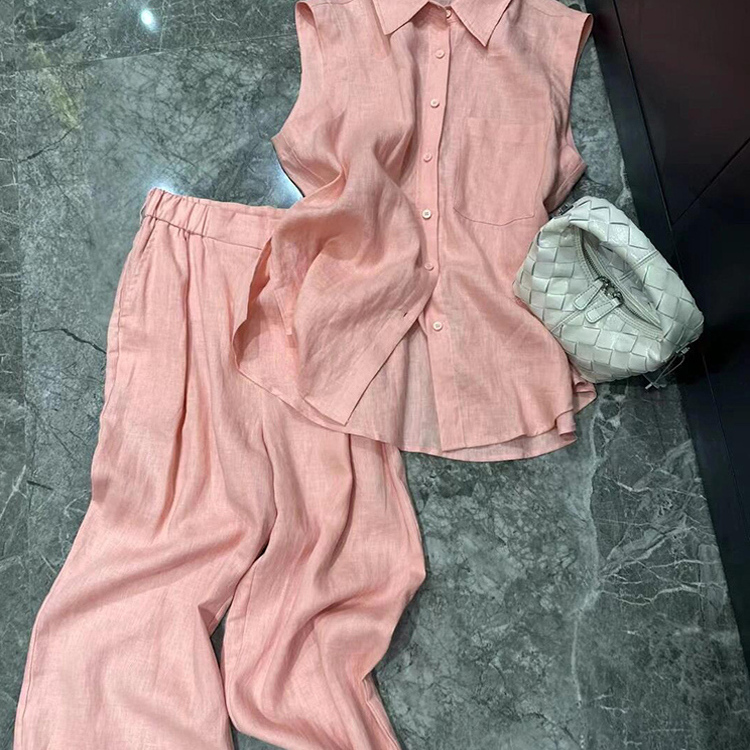 专柜撤回一整套洋气减龄粉色polo领亚麻棉麻无袖衬衫套装裤女夏季