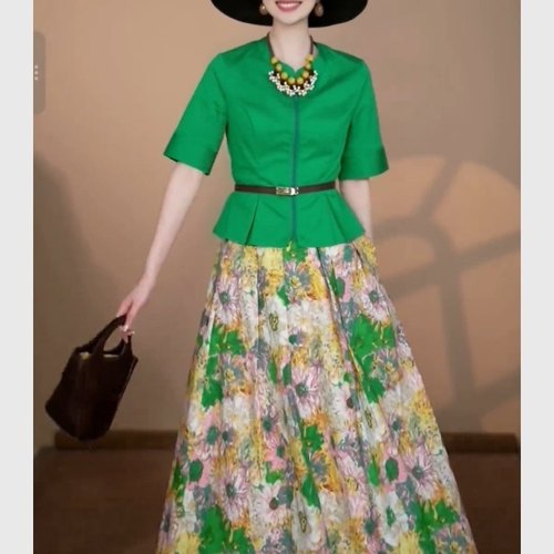 专柜撤回夏季多巴胺绿色衬衫短袖花裙子套装女2025优雅知性一整套