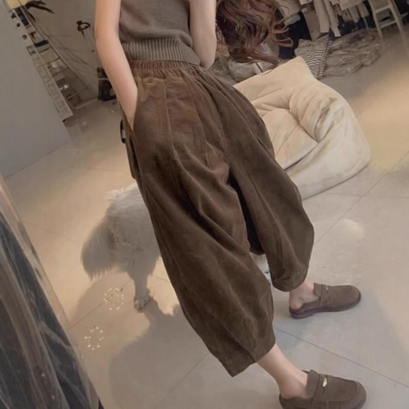 专柜撤回新款棕色灯芯绒九分裤子女爆款小个子显高休闲宽松阔腿裤