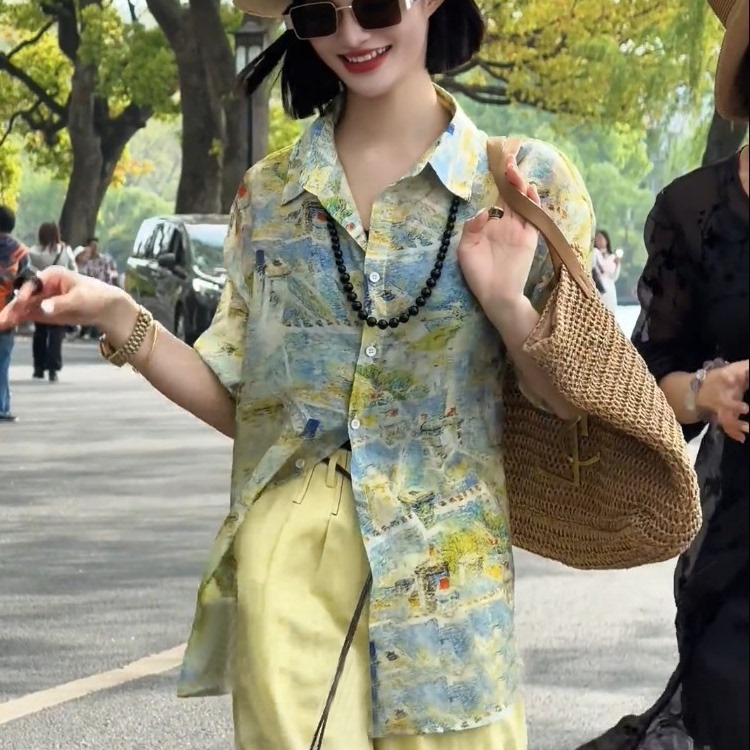 专柜撤回一整套ootd穿搭黄色印花衬衫套装裤高级感女装2025新款夏