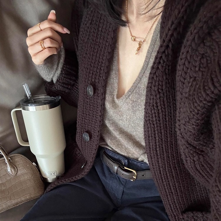 外贸撤回穿搭上衣小个子复古慵懒高级感巨好看咖色针织毛衣外套女