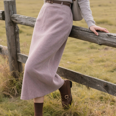 外贸撤回显瘦2025秋冬季气质高腰灯芯绒淡紫色直筒中长款半身裙女