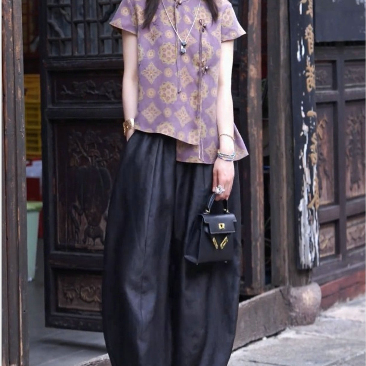 专柜撤回新中式国风印花盘扣短袖上衣阔腿裤气质套装夏女2025新款