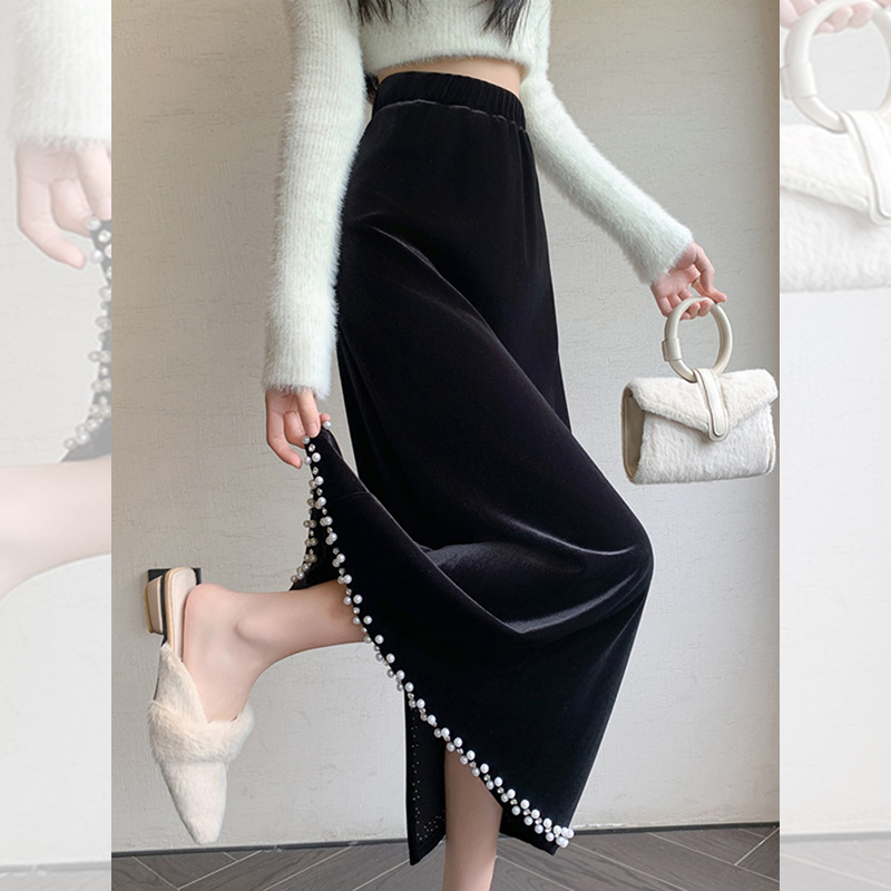 专柜撤回外贸女装新款松紧腰显瘦遮肉开叉钉珠黑色丝绒裙半身裙女