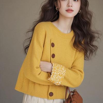 专柜撤回女装黄色斜扣内搭针织衫毛衣女2025新款冬季慵懒高级感