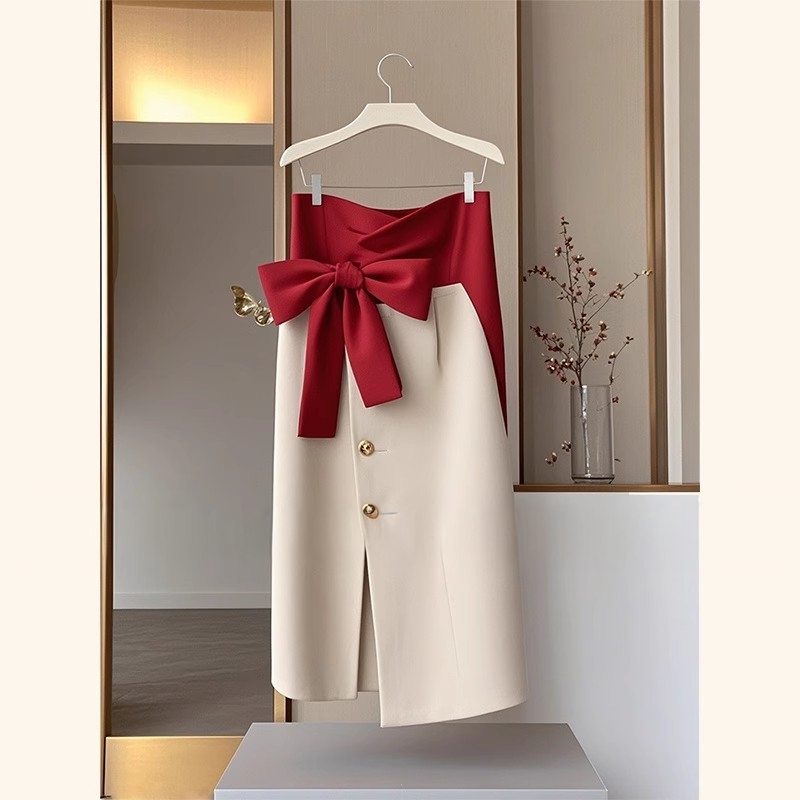 专柜撤回新款高级感超好看红色醋酸缎面蝴蝶结开叉西装半身裙女冬