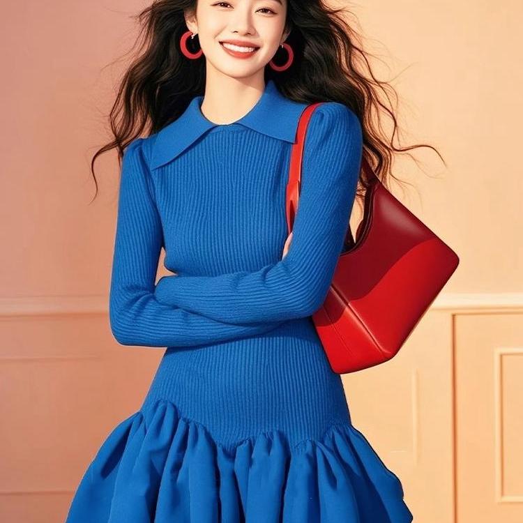 专柜撤回新款裙子过年高级感气质穿搭彩蓝色不规则下摆针织连衣裙