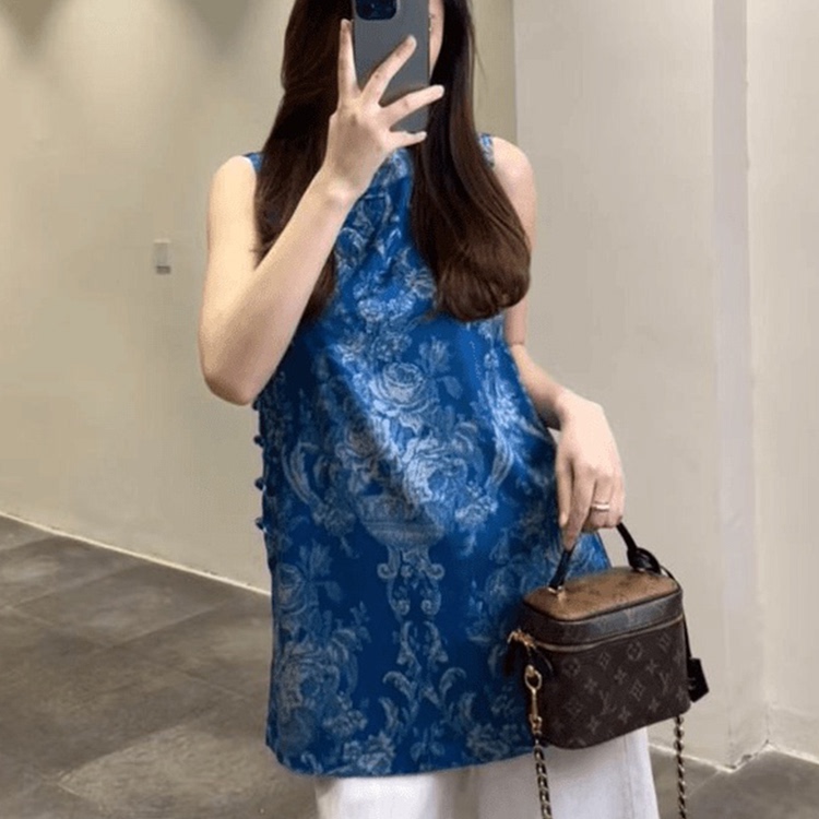 专柜撤回超火上衣小众不撞款高级感新中式国风蓝色无袖印花衬衫女
