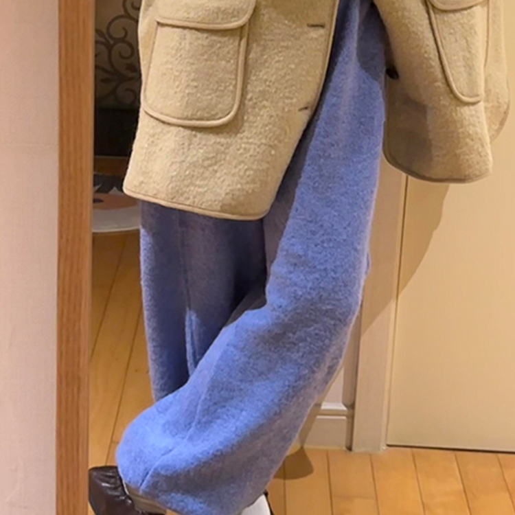 外贸撤回爆款秋冬韩系小个子时尚休闲慵懒风蓝色加厚阔腿裤子女款