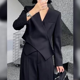 气质高级感上衣 外套女2025年秋新款 外贸撤回V领交叉黑色长袖 西装