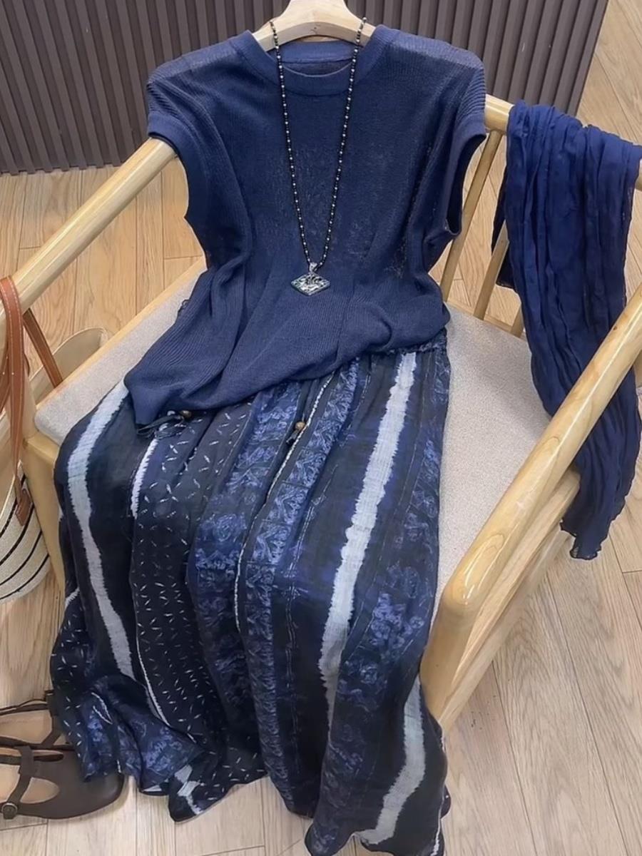 夏装穿搭一整套又a又飒干练气质显瘦遮肉禅意短袖半身裙两件套装