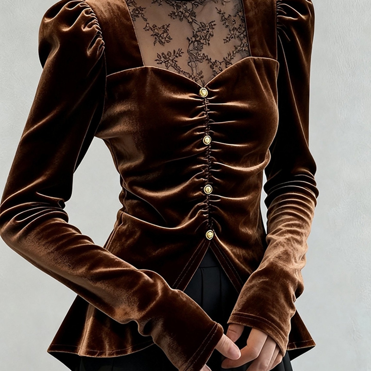 外贸撤回小上衣轻奢高级感法式气质职业蕾丝拼接咖色丝绒衬衫女秋