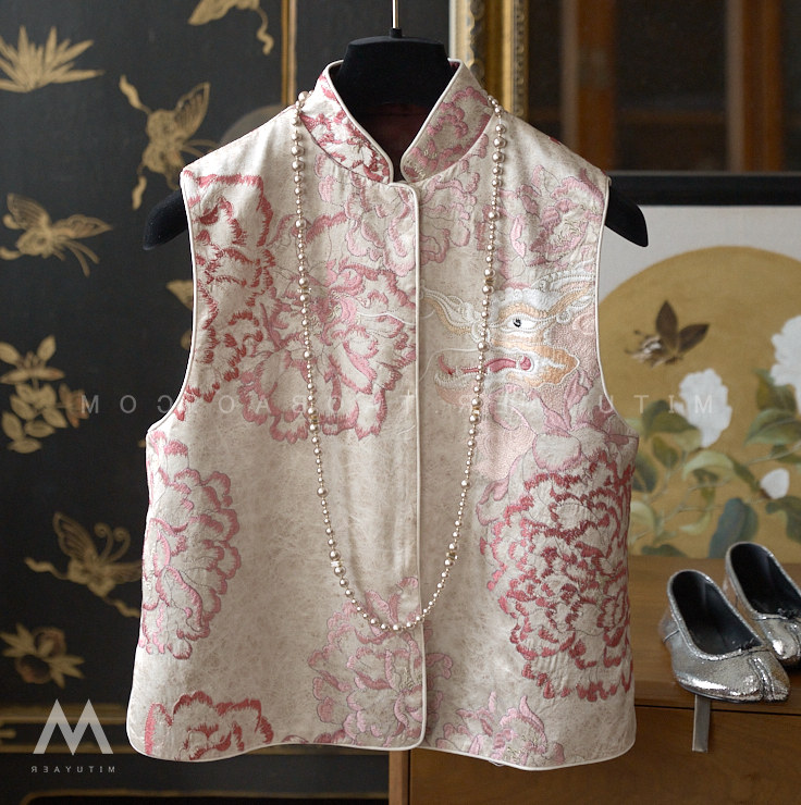 专柜撤回新款女装新中式国风重磅牡丹龙刺绣立领醋酸背心马甲上衣