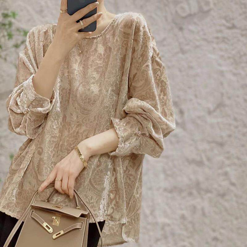 今年流行的漂亮小衫重工欧货卡其色提花衬衫2024年春季新款上衣女