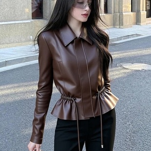 外贸撤回咖色收腰皮外套独特漂亮设计感小众高端收腰抽绳短上衣女