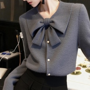 外贸撤回灰色蝴蝶结针织衫 独特漂亮轻熟气质内搭毛衣 女小众不撞款