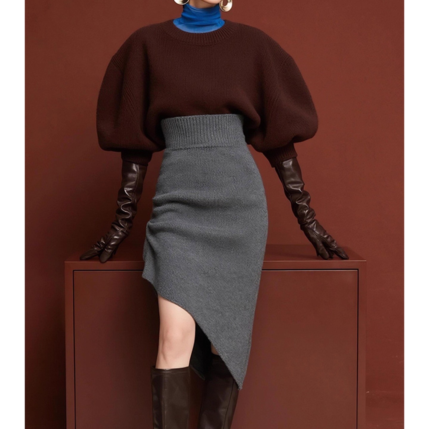 外贸撤回套装女秋爆款高级感姐系贵感气质栗子色上衣半身裙两件套