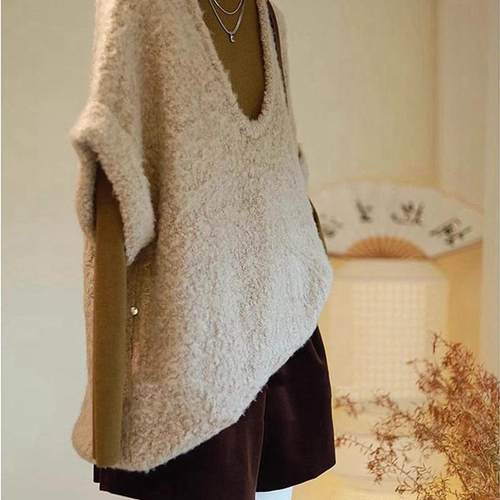 商场撤柜新款欧货复古设计感百搭休闲宽松显瘦保暖卡其色针织马甲