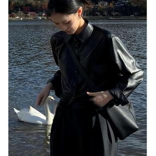 女秋冬新款 专柜撤回女装 衬衫 黑色polo领皮质短款 内搭叠穿漂亮小衫