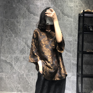 植物染色香云纱桑蚕丝真丝T恤女休闲宽松短袖 女夏