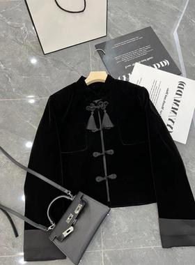 新中式国风唐装黑色丝绒短外套女春季今年流行高级感复古盘扣上衣