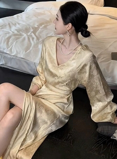 新中式 国风正式 夏季 专柜撤回新款 场合黄色改良旗袍收腰打底连衣裙