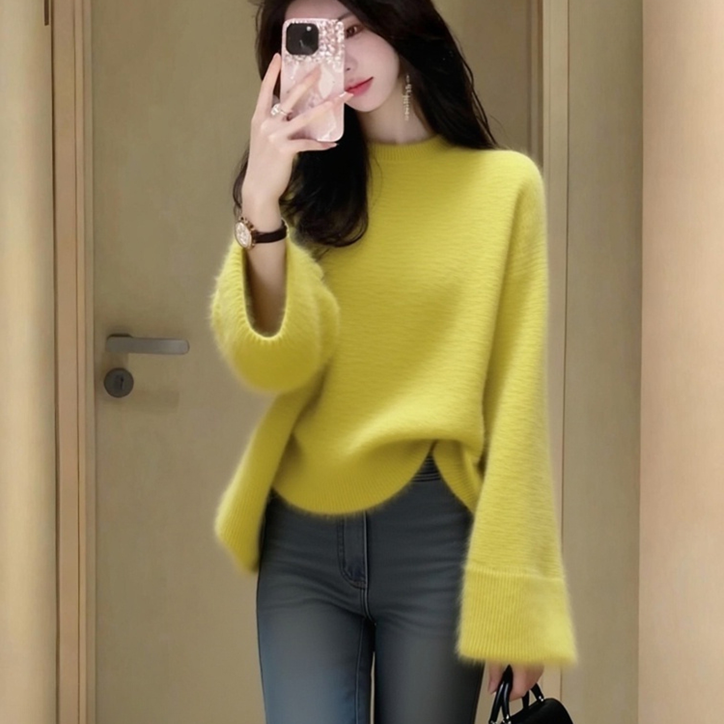 外贸撤回黄绿色毛衣女秋冬高级感软糯气质高端小香风套头针织上衣