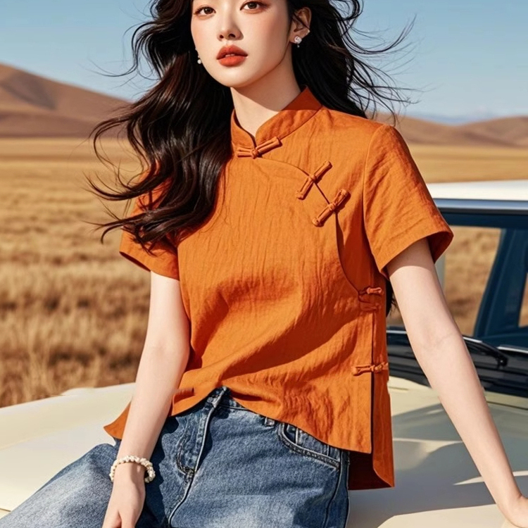 专柜撤回洋气独特别致新中式国风盘扣上衣时尚气质橙色立领衬衫女