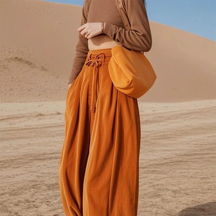 专柜撤回女装新款欧货高级时尚百搭洋气减龄系带橘色灯芯绒阔腿裤