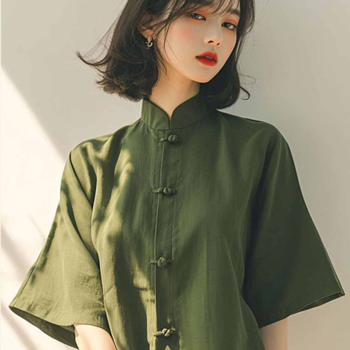 专柜撤回漂亮小衫新中式别致绝美小上衣国风禅意绿色盘扣衬衫女夏