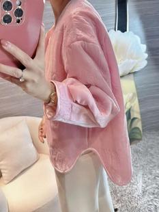 外貿(mào)一線撤柜女裝 真絲絨棉服輕薄棉衣燕尾開(kāi)叉夾棉外套粉色小棉襖