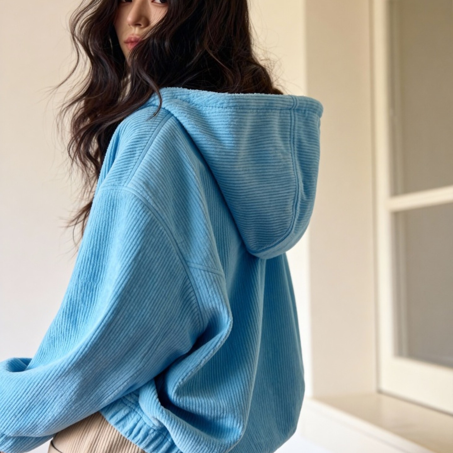 外贸撤回小个子小香风蓝色灯芯绒连帽卫衣厚外套女秋冬高级感休闲