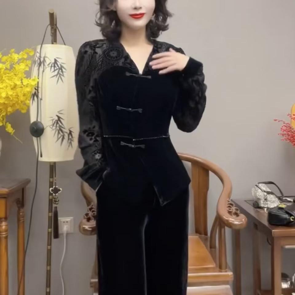 2024秋冬新品显瘦金丝绒长袖上衣新中式提花女气质衬衫上衣潮女