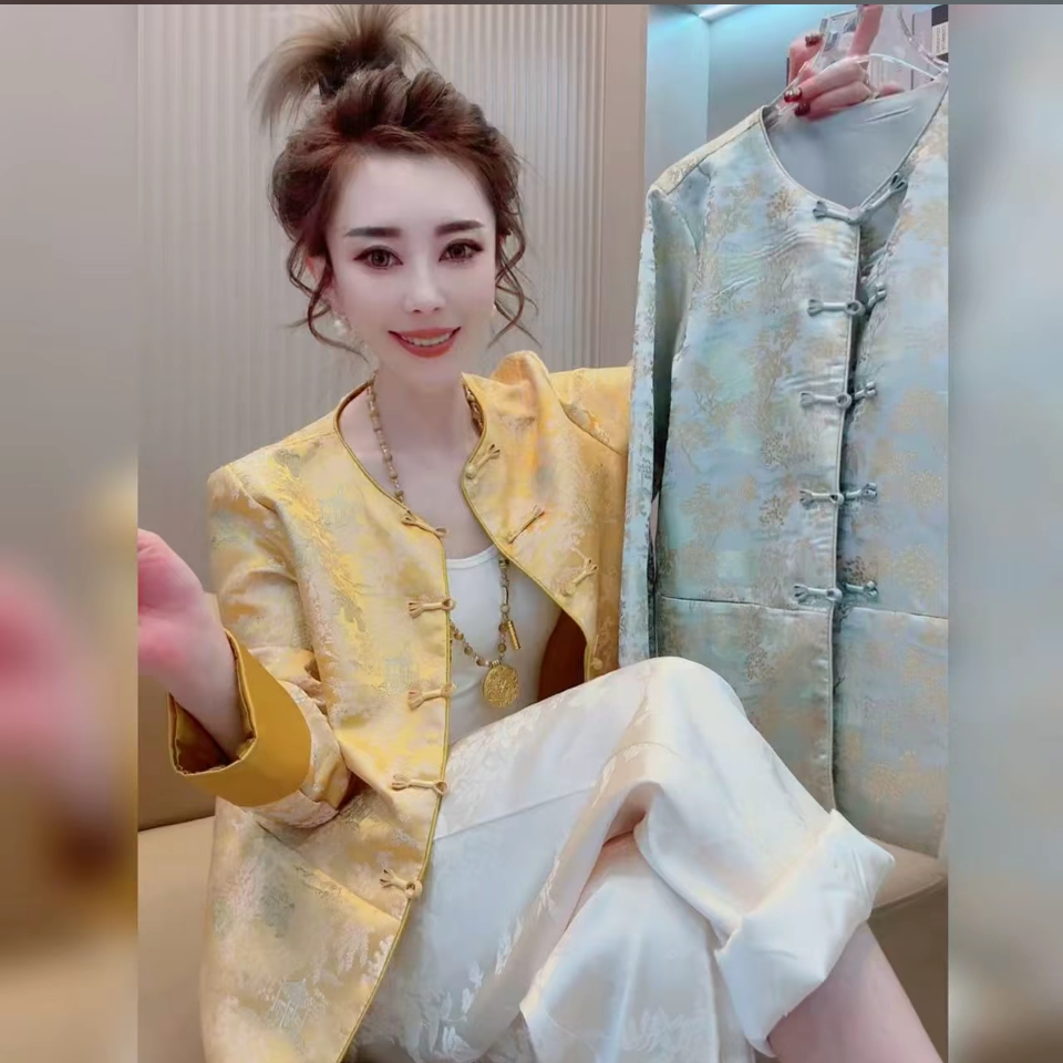 新中式国风复古盘扣招财金色外套女2025年春新款漂亮提花外套上衣
