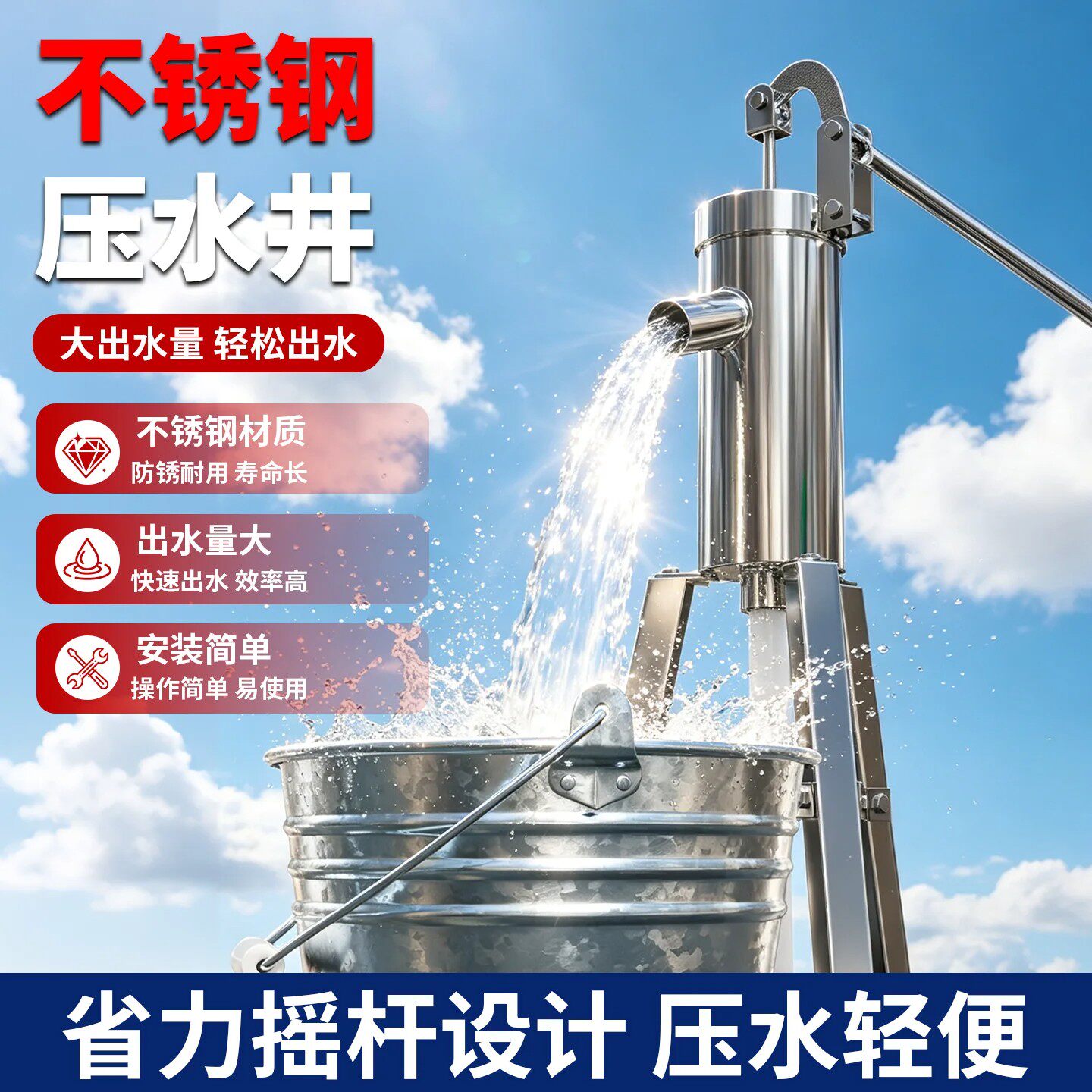 压水井手动不锈钢压水器农村手摇手压式水泵老式手压泵水井抽水器