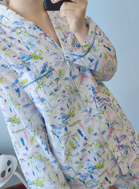 ANYW春夏简约薄款梭织棉布翻领长袖长裤女士睡衣原单家居服大码