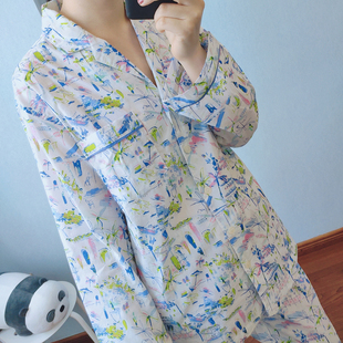 ANYW春夏简约薄款梭织棉布翻领长袖长裤女士睡衣原单家居服大码