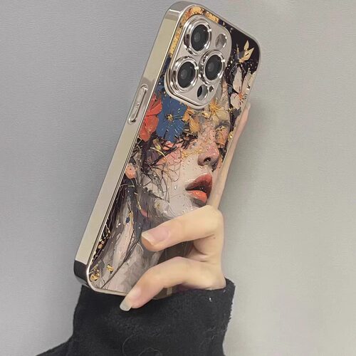 油画女孩适用苹果16promax手机壳新款iphone1 5电镀保护套新款