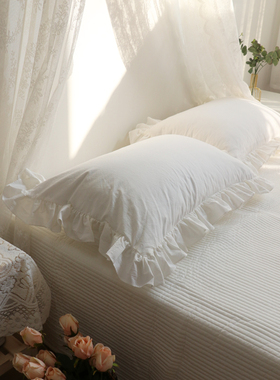 枕套纯棉公主风花边 全棉枕头套一对48*74大号白色荷叶边单人夏季