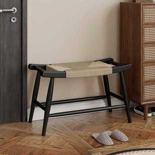 藤编换鞋凳中古实木小方凳门口家用玄关凳子卧室床尾凳侘寂风藤椅