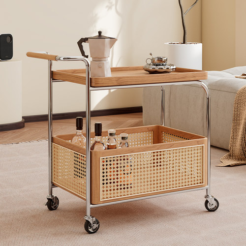 可移动实木边几收纳中古小推车客厅沙发储物置物架藤编简约餐车