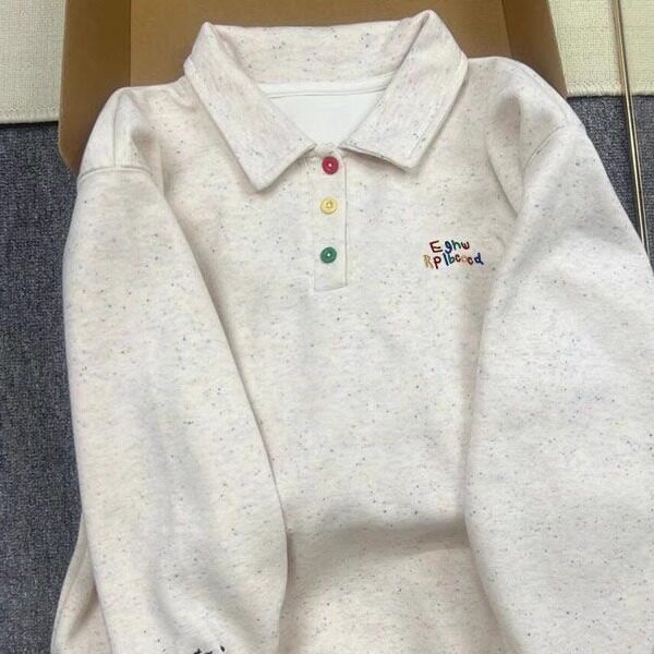 超绝~学生奶系可爱刺绣POLO领长袖小众2024INS超火学院风卫衣女薄