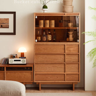 北美樱桃木中古风实木斗柜多功能骨骼线复古客厅收纳储物展示高柜