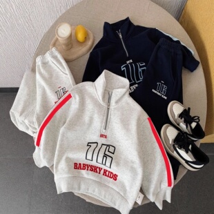 春秋季儿童数字16半高领拉链卫衣套装男女宝宝休闲运动两件套